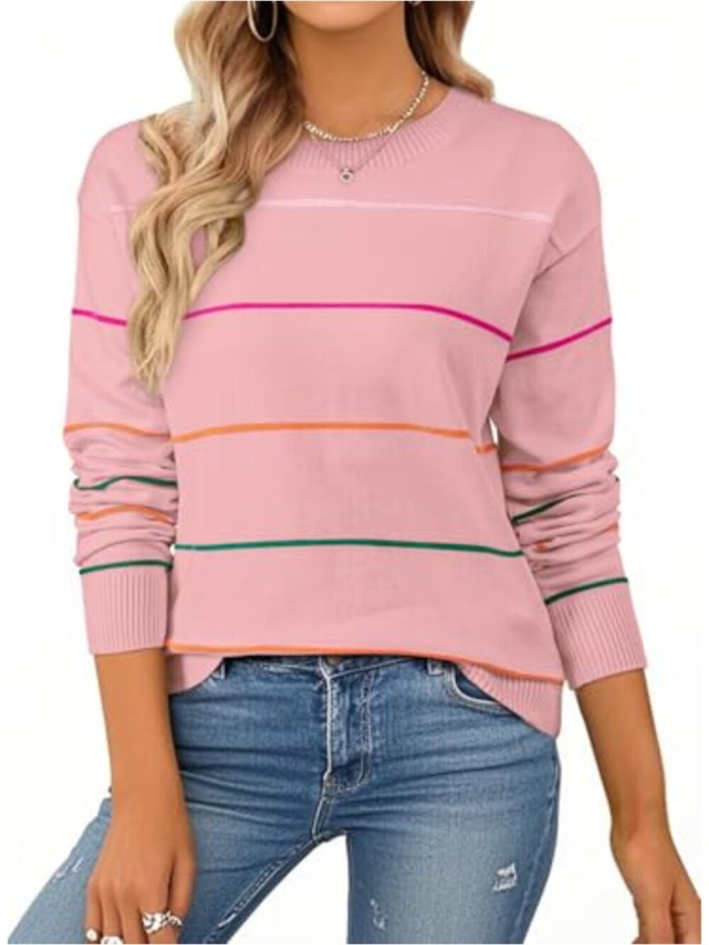 Women's Striped Crew Neck Pullover Sweater Soft Knit Long Sleeve